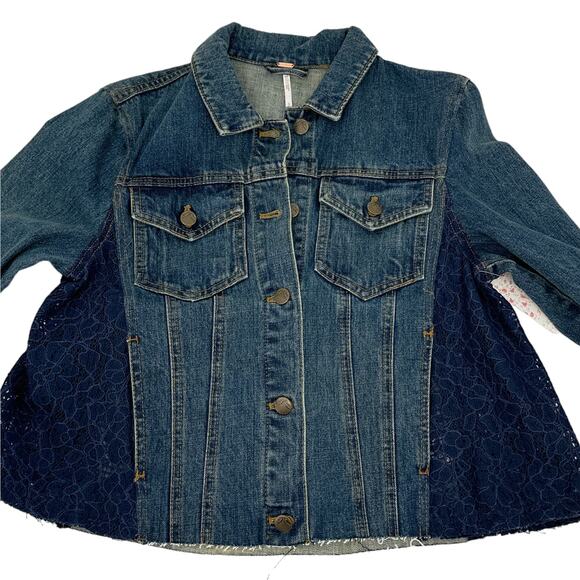 FREE PEOPLE Lace Inset Raw Hem Denim Jacket S - Picture 5 of 10